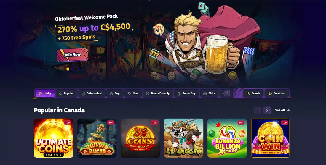 Spinlander casino lobby showing the welcome pack and popular slots for Canadian players