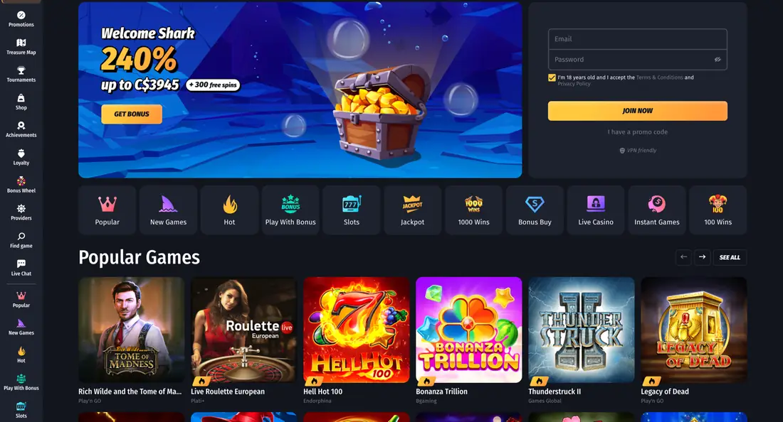 Winshark casino home page with the welcome bonus and loyalty tiers