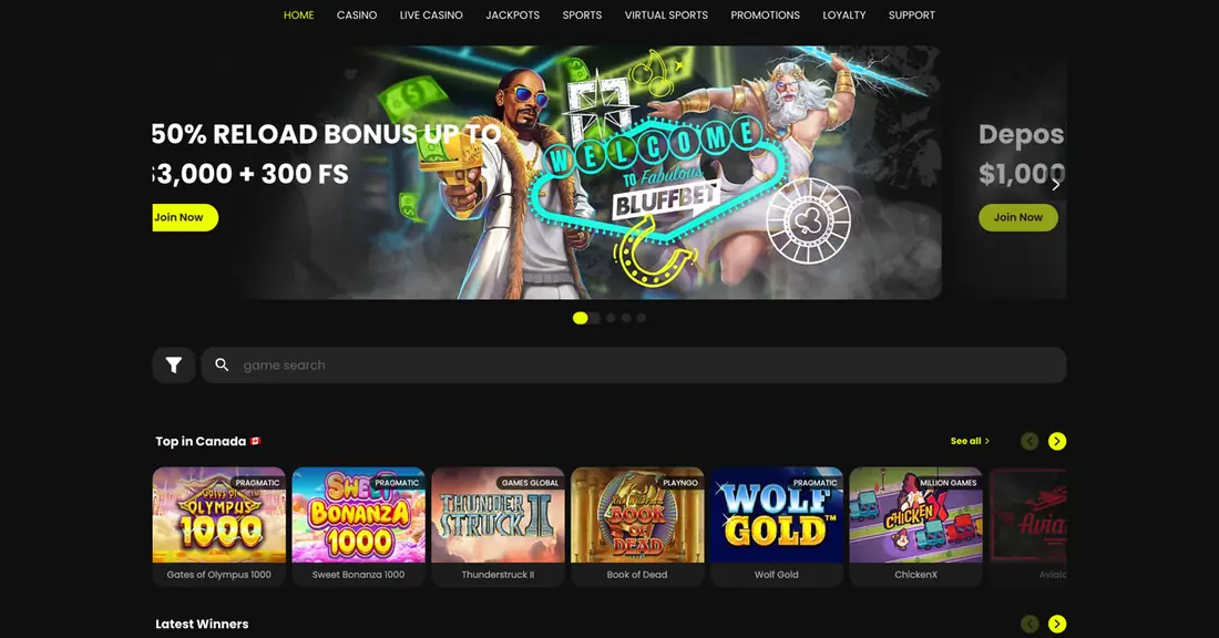 Bluffbet casino and sportsbook home page with Interac deposit limits