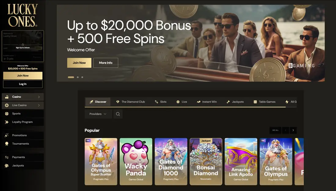 LuckyOnes casino lobby with the welcome package and sportsbook link